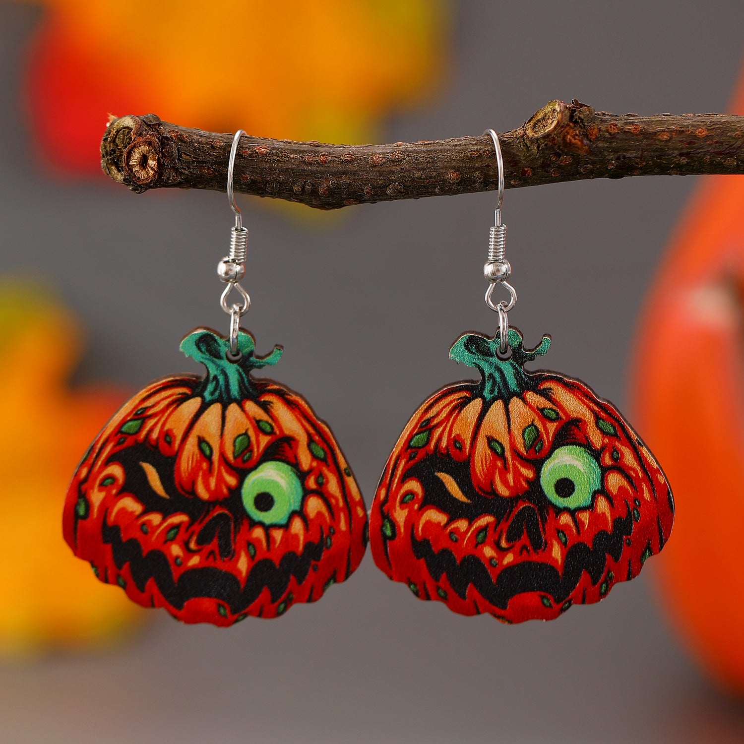 Wholesale Gothic Cowboy Style Wooden Funny Pumpkin Halloween Earrings