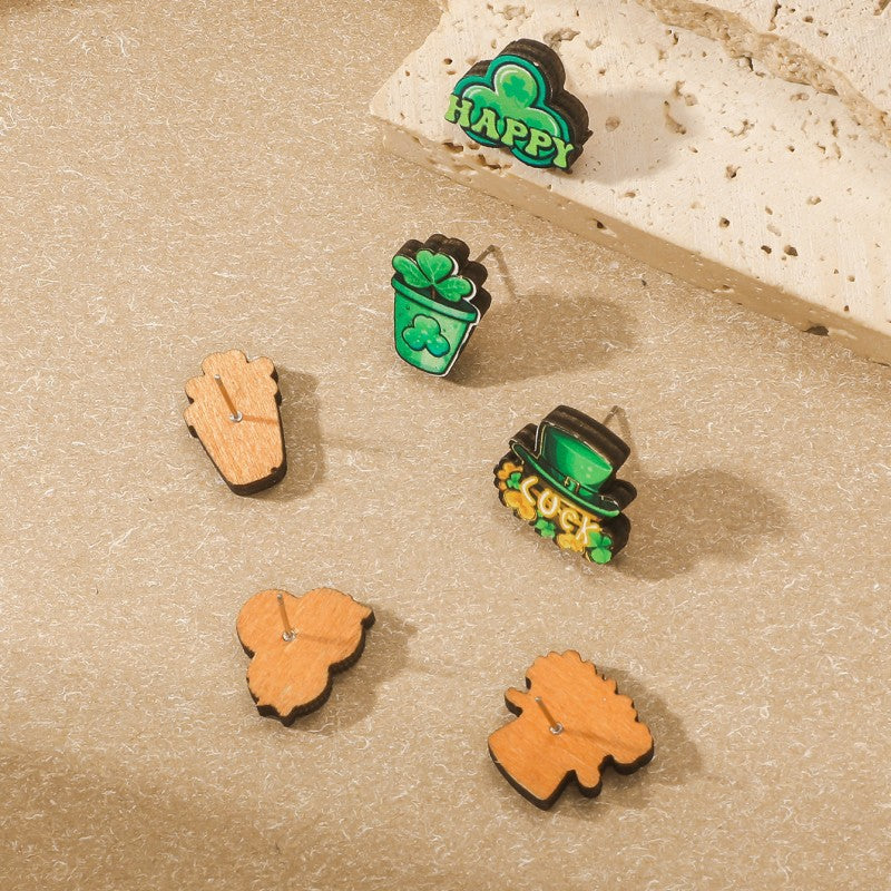 Wholesale St. Patrick's Day Lucky Shamrock Hat Wooden Stud Earrings