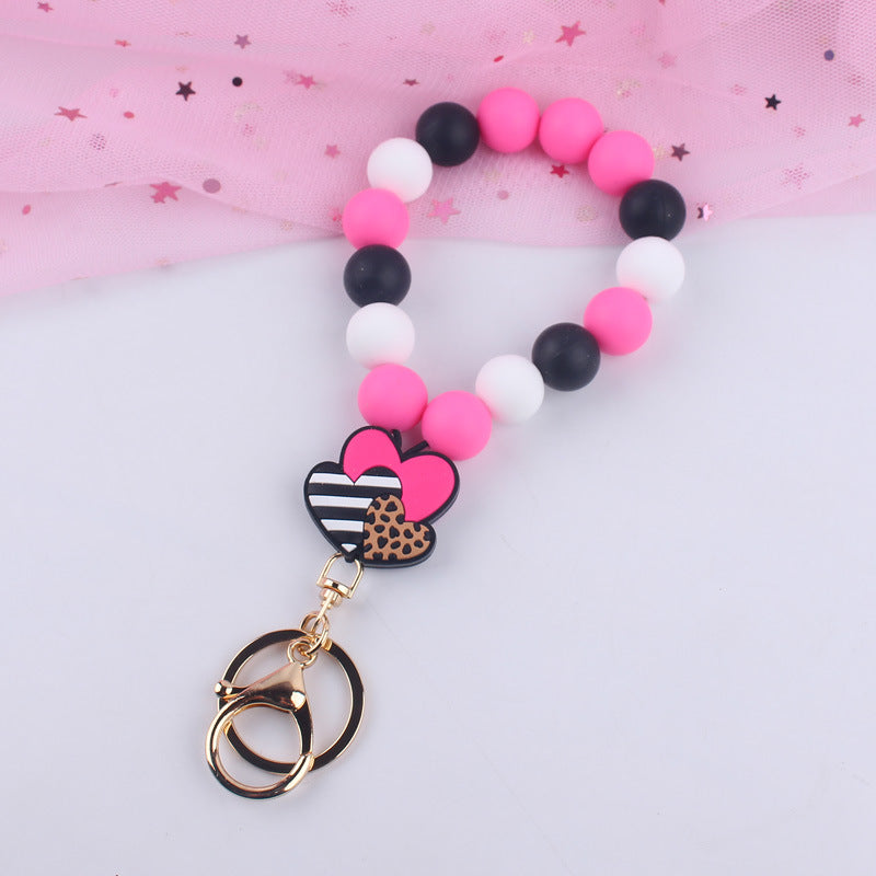 Wholesale Cartoon Valentine's Day Leopard Print Love Swan Silicone Beaded Wrist Keychain
