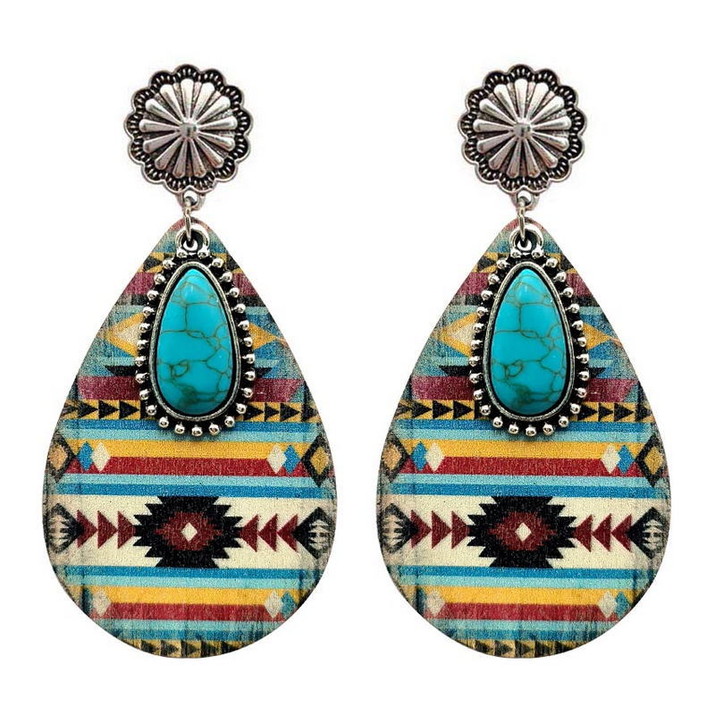 Wholesale Ethnic Turquoise Western Style Aztec Leather Drop Earrings