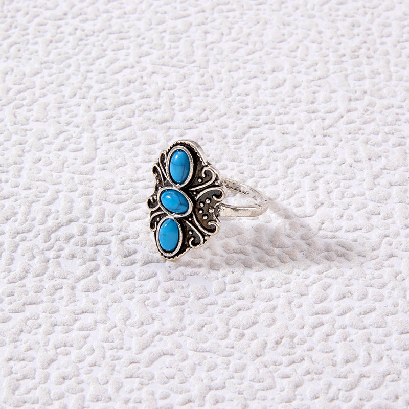 Wholesale Retro Turquoise Ring Ethnic Style Oval Cross Geometric Ring