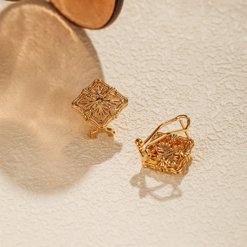 Wholesale Engraved Lace Vintage Square Gold Plated Earrings