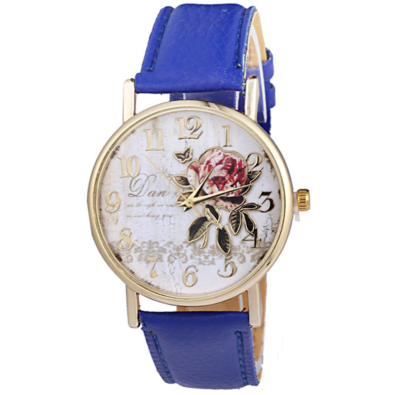 Wholesale Glass Mirror Imitation Leather Strap Rose Pattern Watch