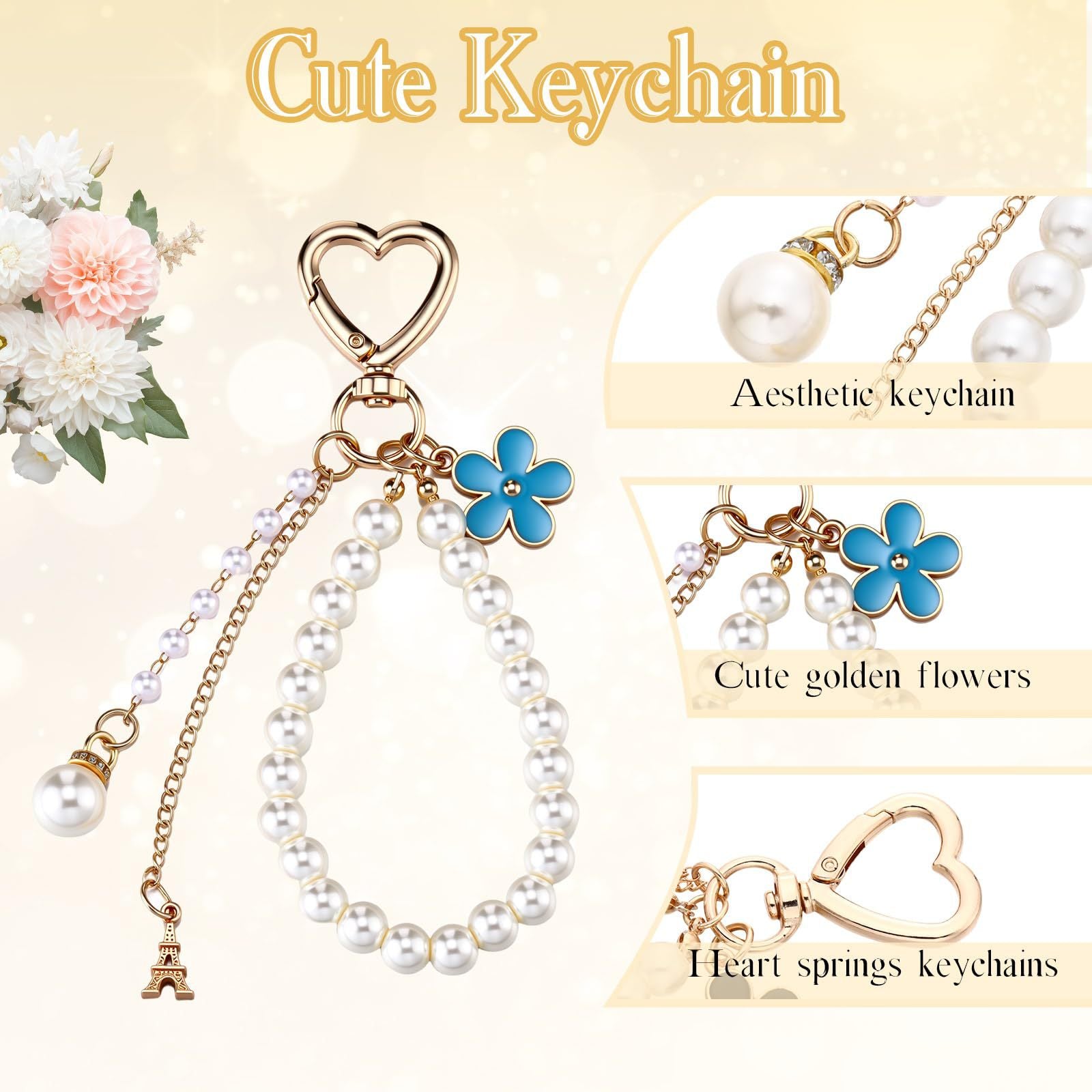 Wholesale Pearl Cute Blue Bow 5-piece Keychain Set