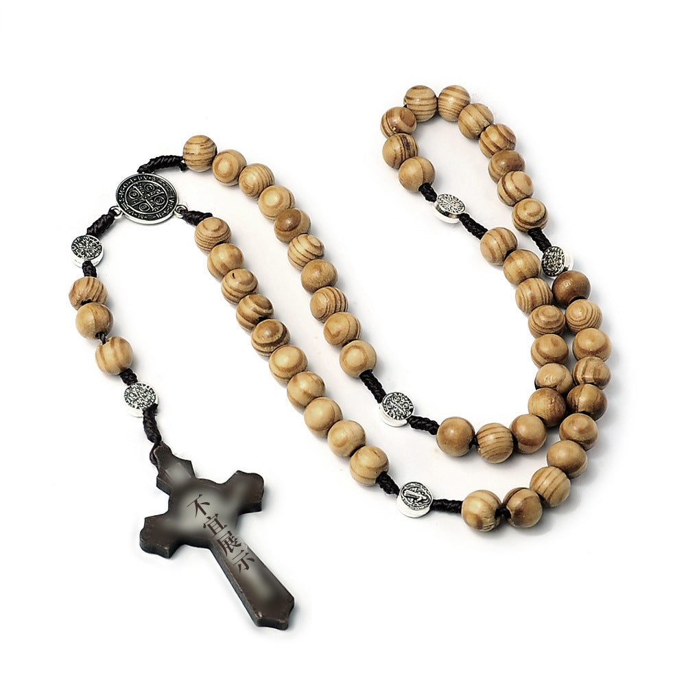 Wholesale Natural Wood Beads Cross Rosary Necklace