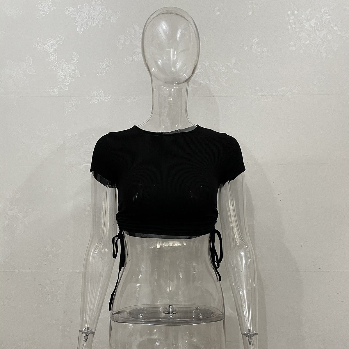 Wholesale Fashion Sexy Navel Stripe Short Drawstring Round Neck Short Sleeve