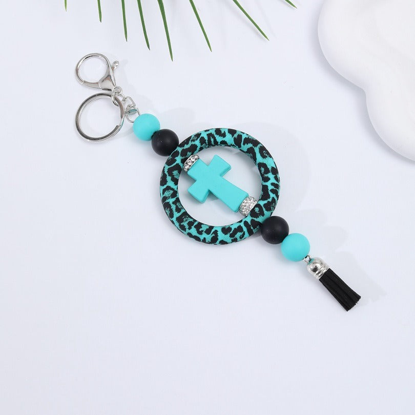 Wholesale Silicone Circle Beaded Ring Cross Printed Keychain