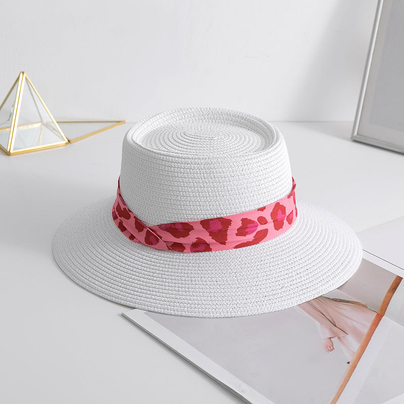 Sombrero de paja de bufanda de seda de leopardo de verano al por mayor