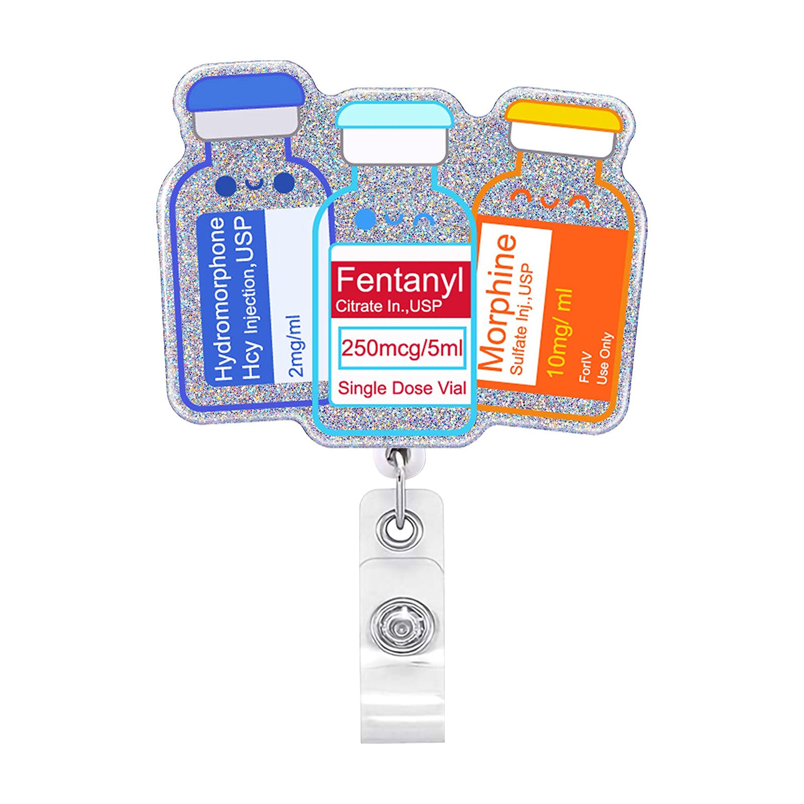 Wholesale Acrylic Medicine Bottle Bulldog Rotating Retractable Badge Scroll Keychain