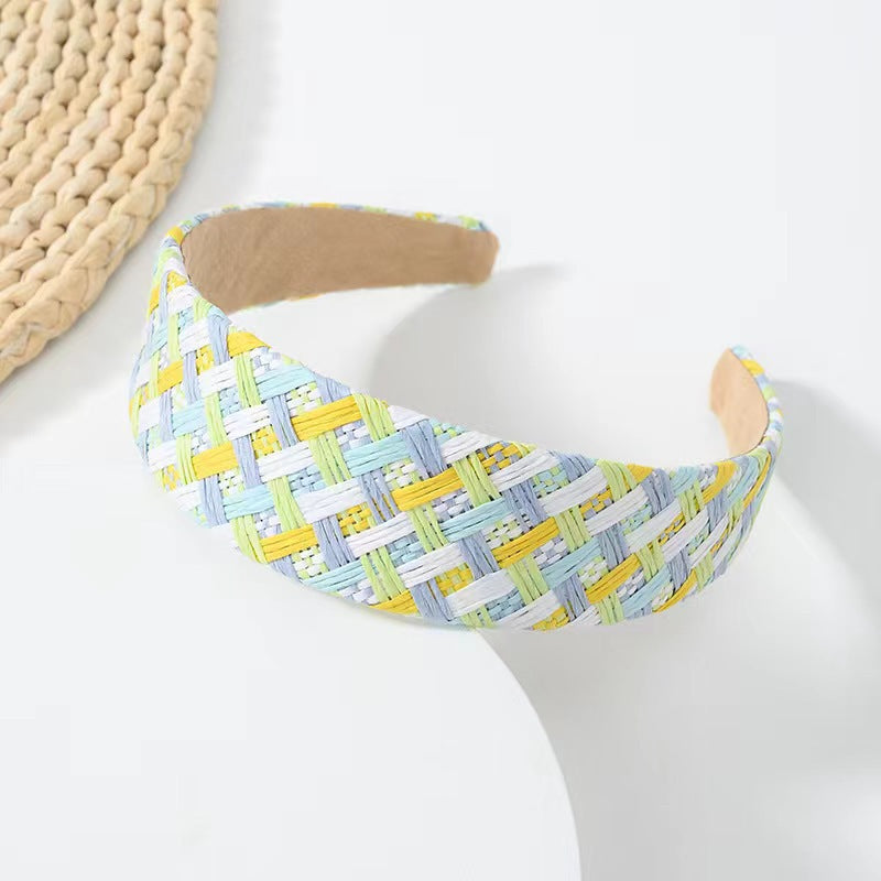 Wholesale Hand-woven raffia rainbow wide brim headband