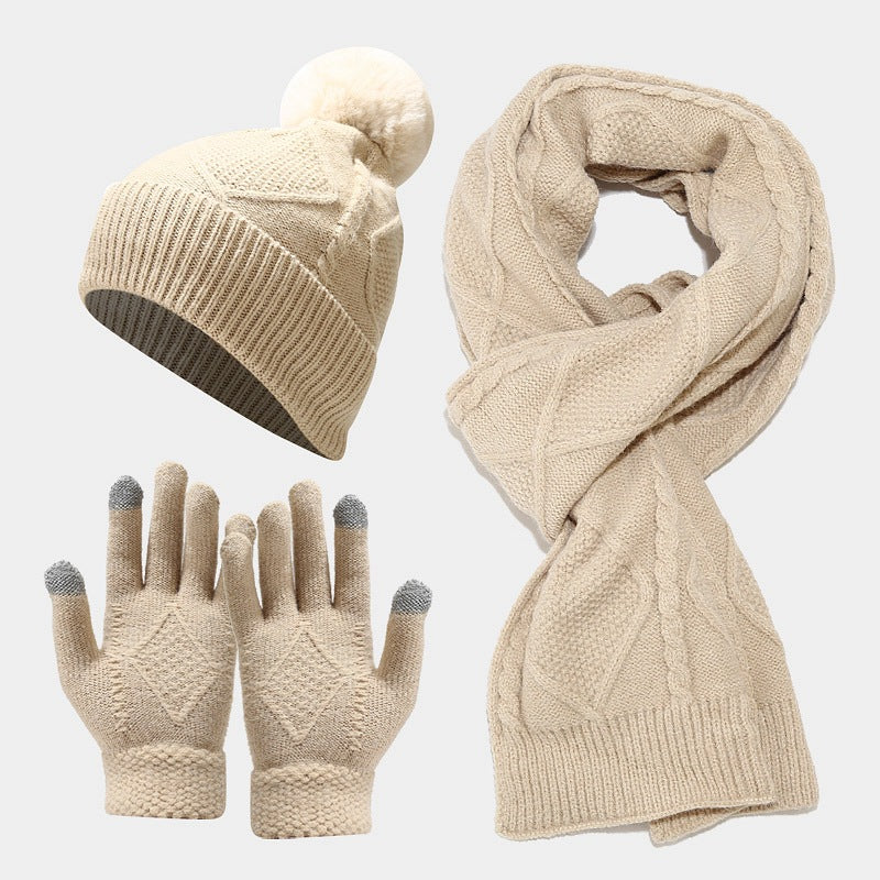 Wholesale Autumn and Winter Cold-proof and Warm Thickened Woolen Knitted Scarf and Gloves Three-piece Set