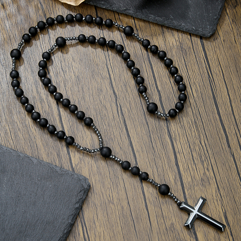 Wholesale Black gallstone yellow tiger eye iron stone cross necklace for men
