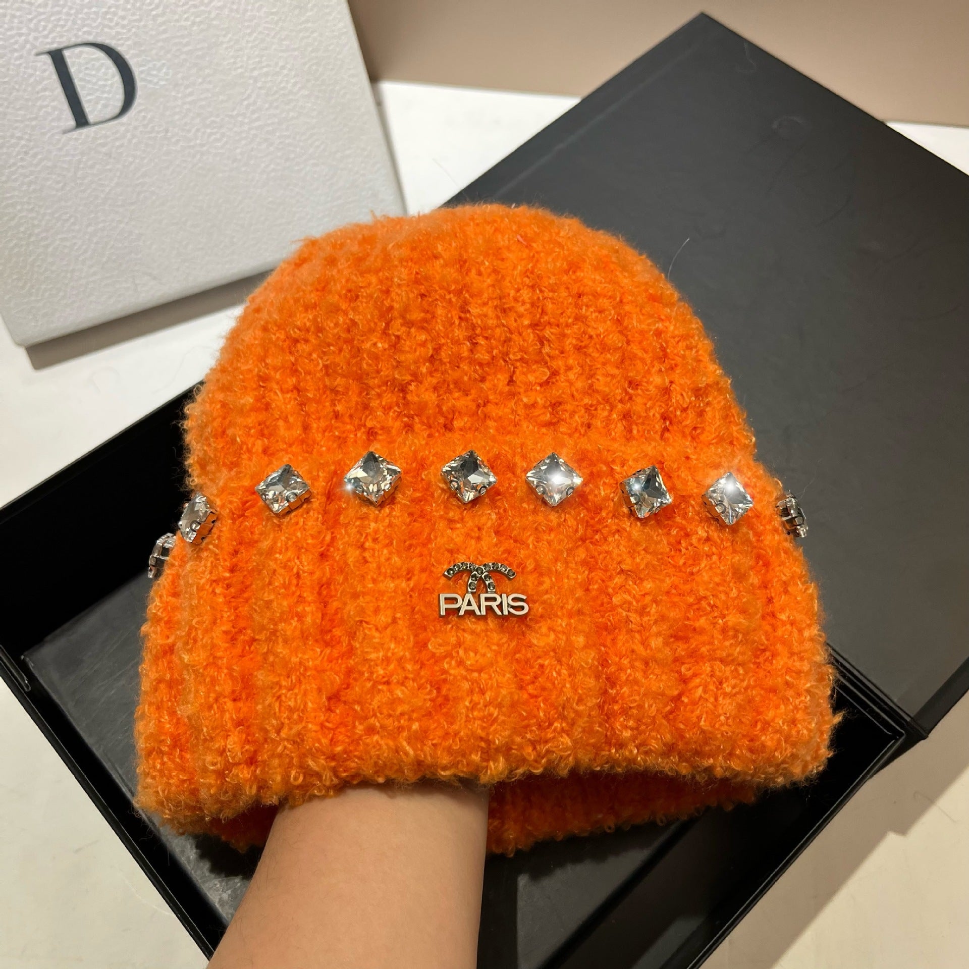 Wholesale Thick Warm Teddy Curl Cute Rhinestone Knitted Hat