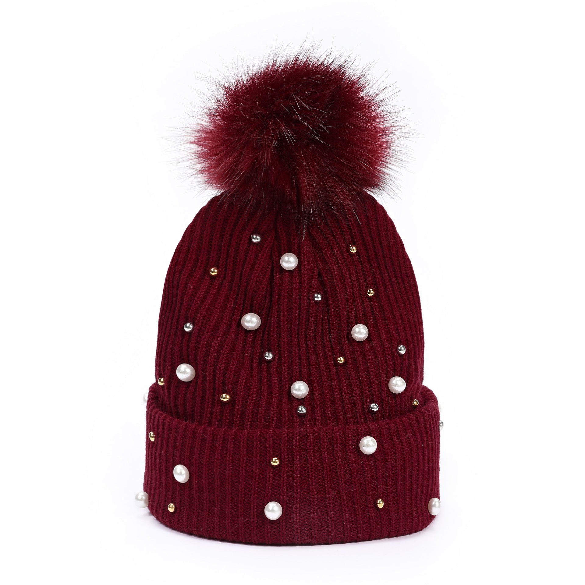 Wholesale Rivet Pearl Woolen Hat Fur Ball Cap Warm Hat