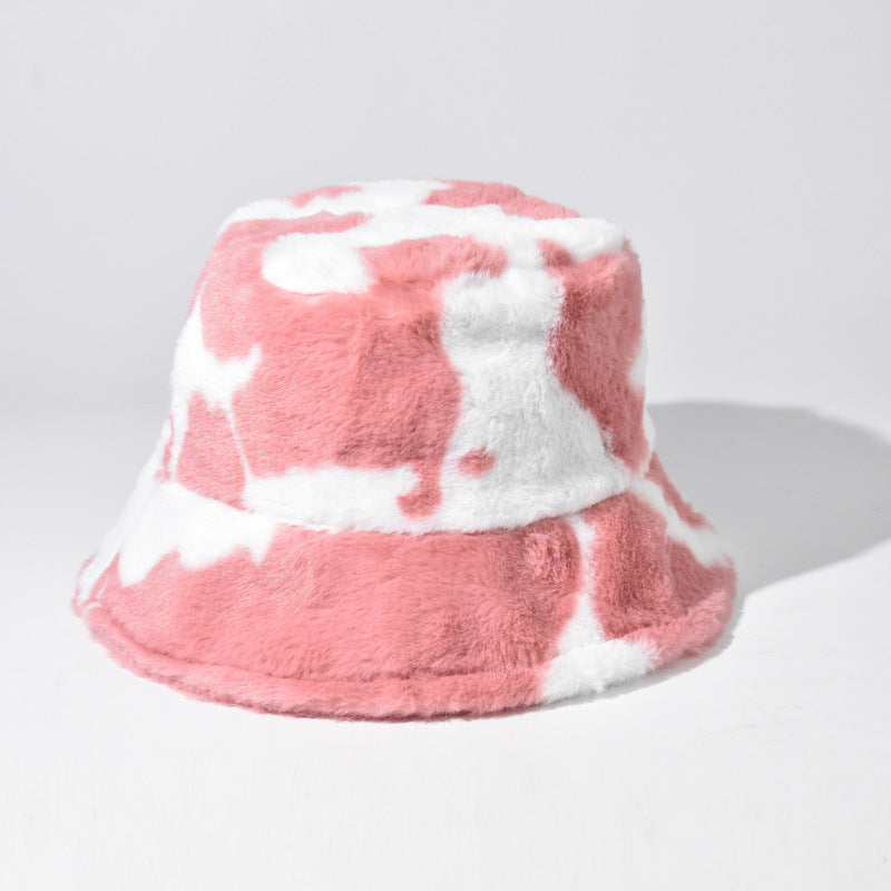 Wholesale Black and White Cow Pattern Plush Bucket Hat