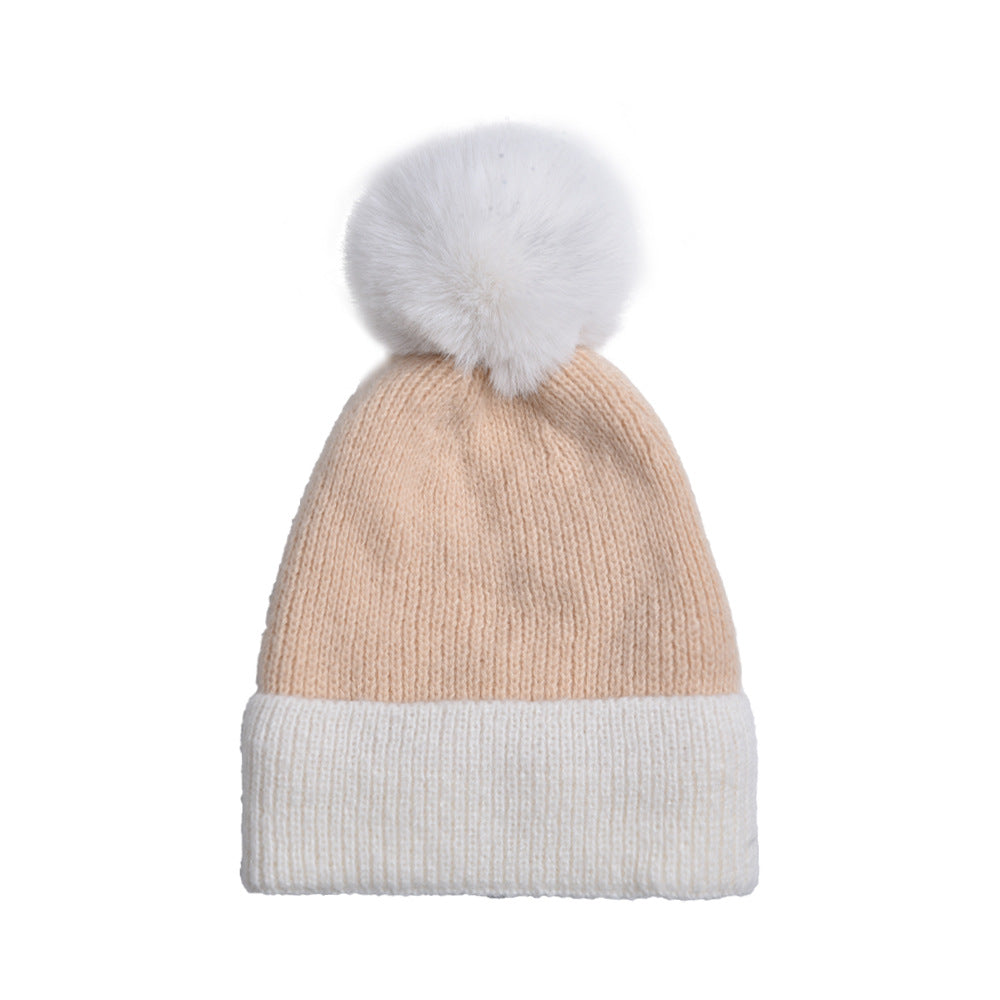 Wholesale Wool Ball Color Matching Knitted Hat Autumn and Winter Plus Velvet Thickened Windproof and Cold-proof Woolen Hat