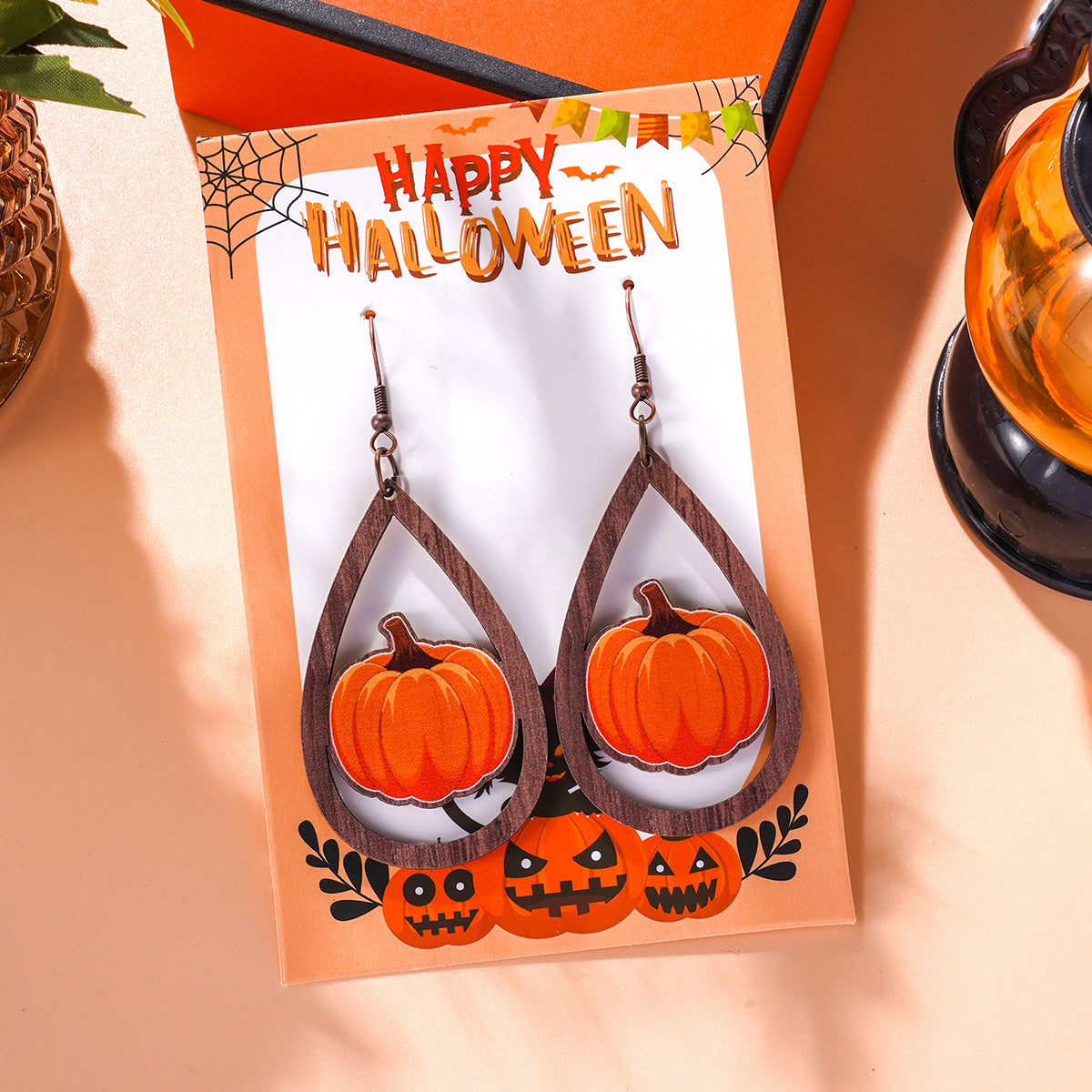 Wholesale Halloween Theme Funny Creative Cartoon Wooden Pumpkin Spider Kitten Earrings
