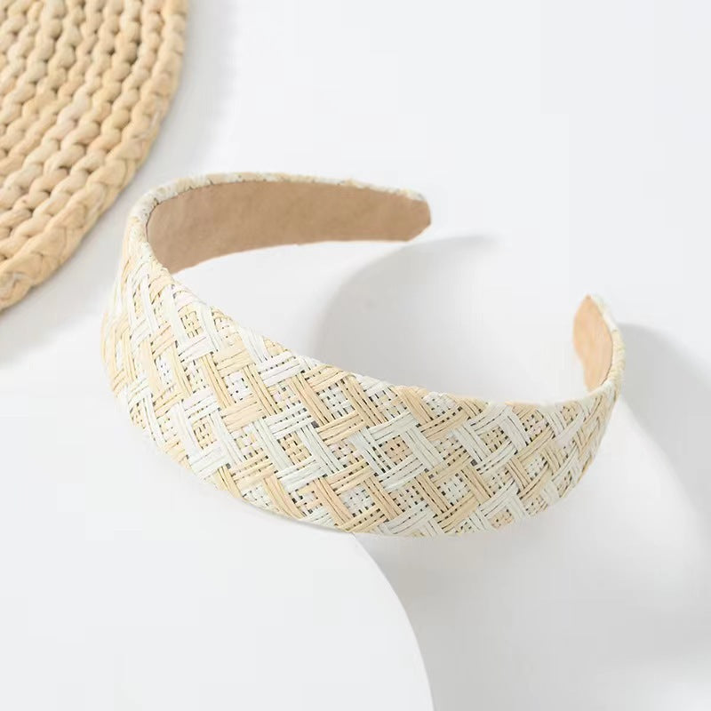 Wholesale Hand-woven raffia rainbow wide brim headband