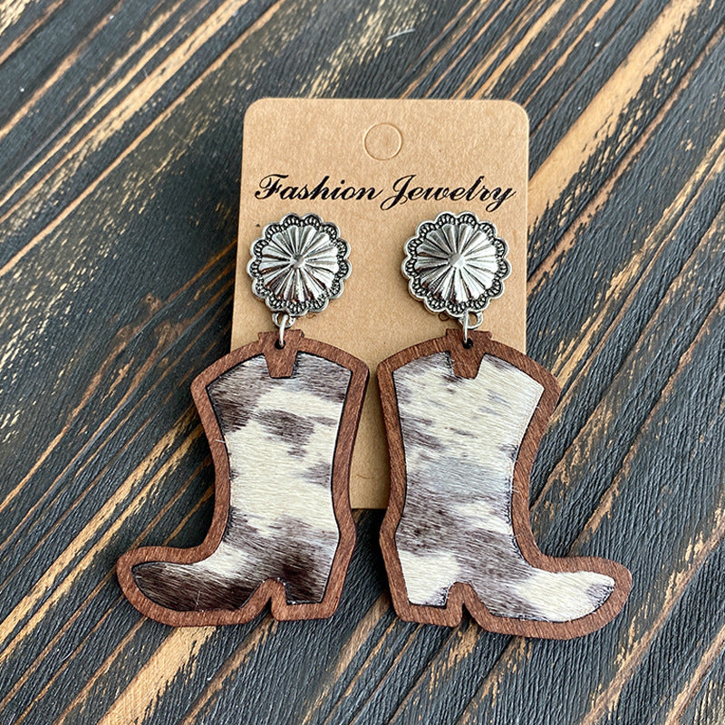 Wholesale Western Style Western Cowboy Boots Leopard Print Cow Print Earrings