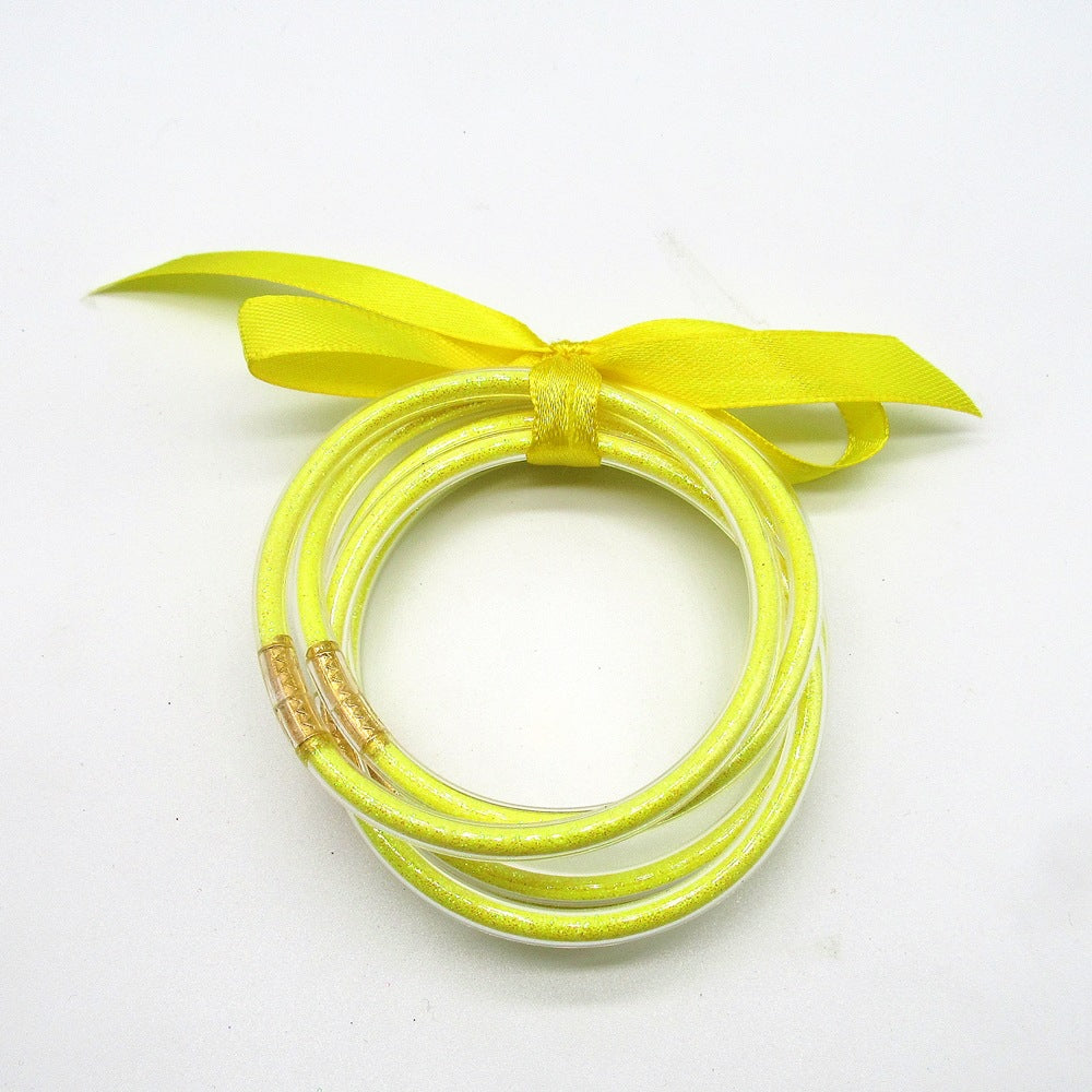 Wholesale Multi-layer silicone rainbow glitter bow bracelet