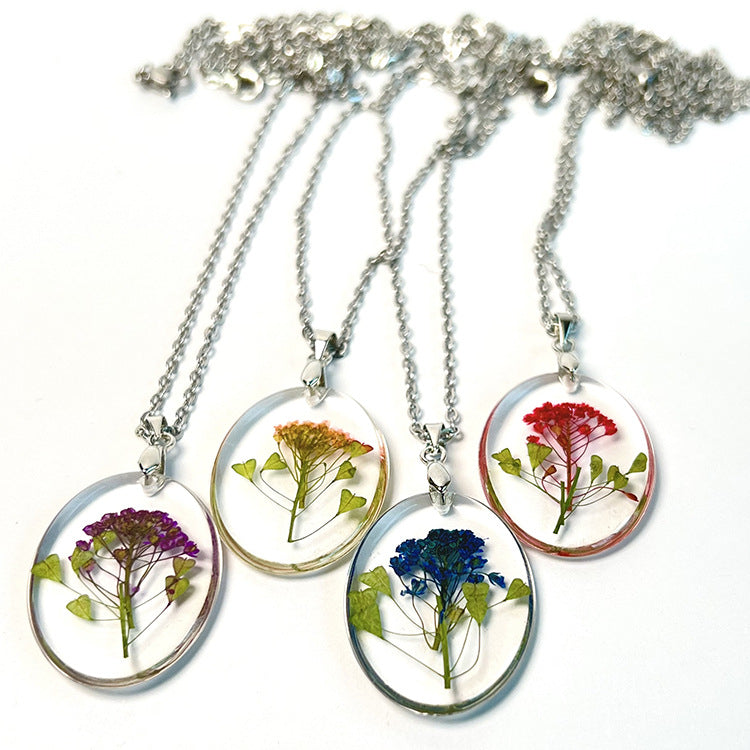 Wholesale 12pcs Fashion Oval Dried Flower Real Flower Resin Necklace