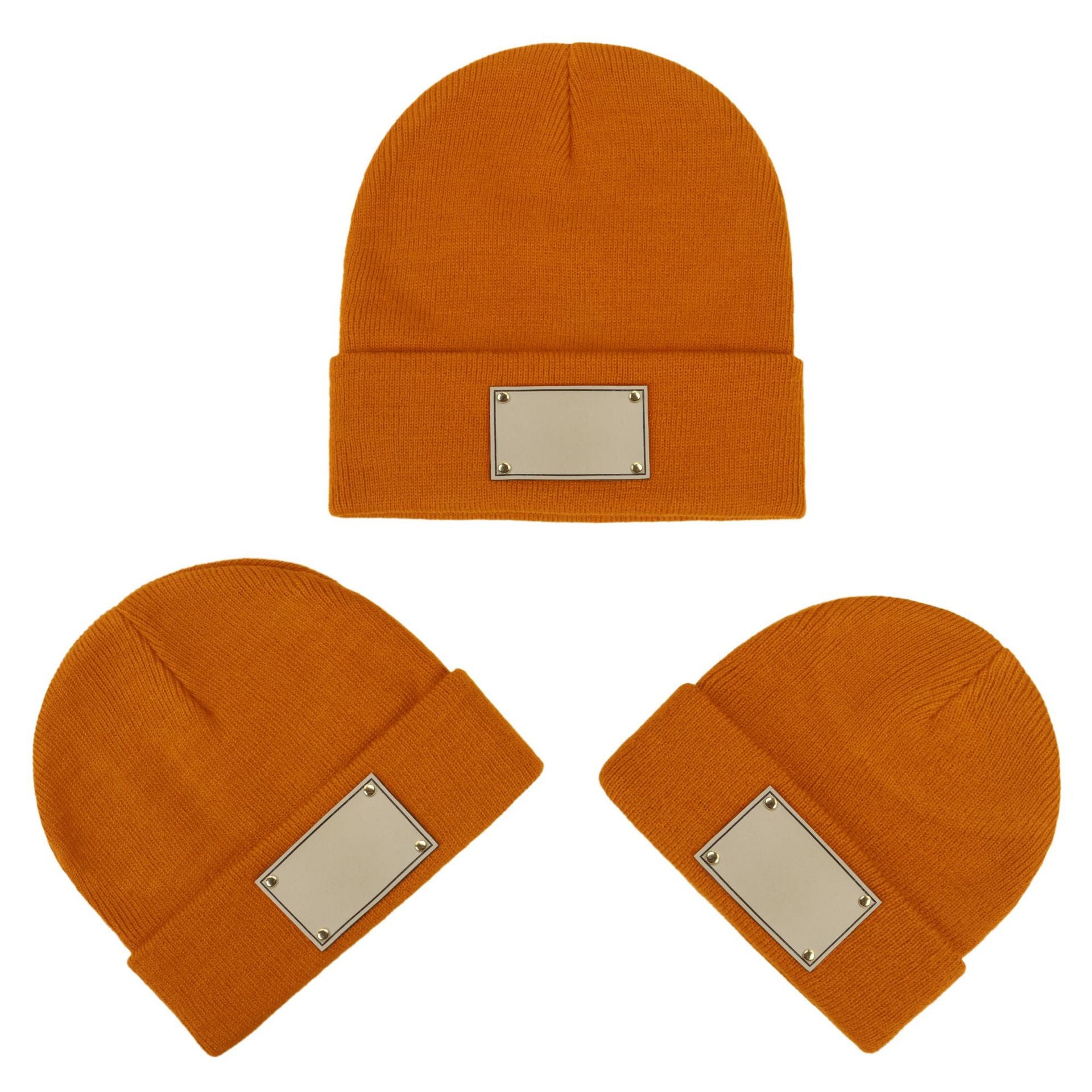 Wholesale Fashion Retro Infant and Toddler Children Blank Engravable Leather Label Knitted Warm Pullover Beanie