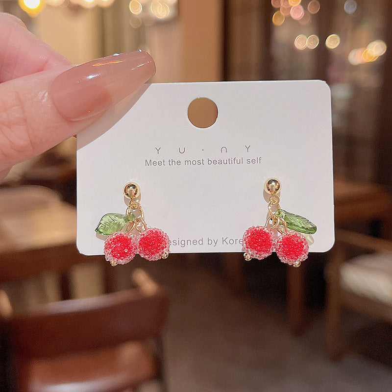 Wholesale S925 Silver Needle Small Fresh Sugar Bead Cherry Earrings