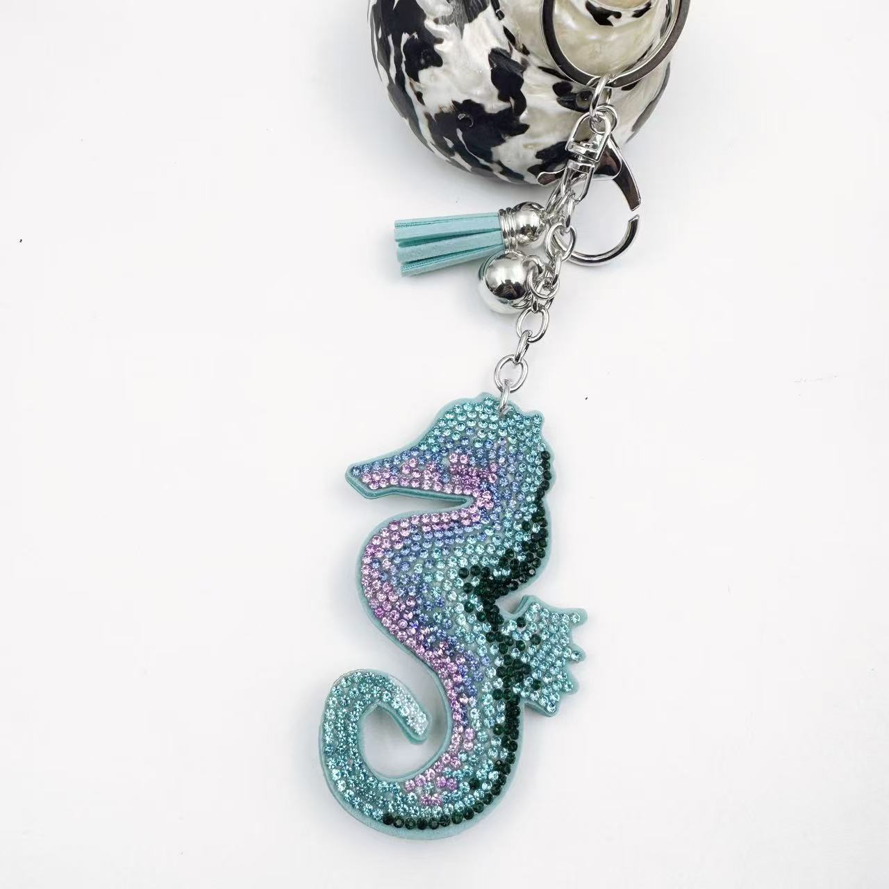 Wholesale 12pcs Seahorse Keychain Leather Tassel Ocean Crystal Gemstone Diamond Key