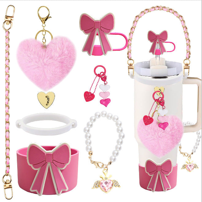 Wholesale Water cup braided hand rope thermos cup chain love hook fur ball key chain set