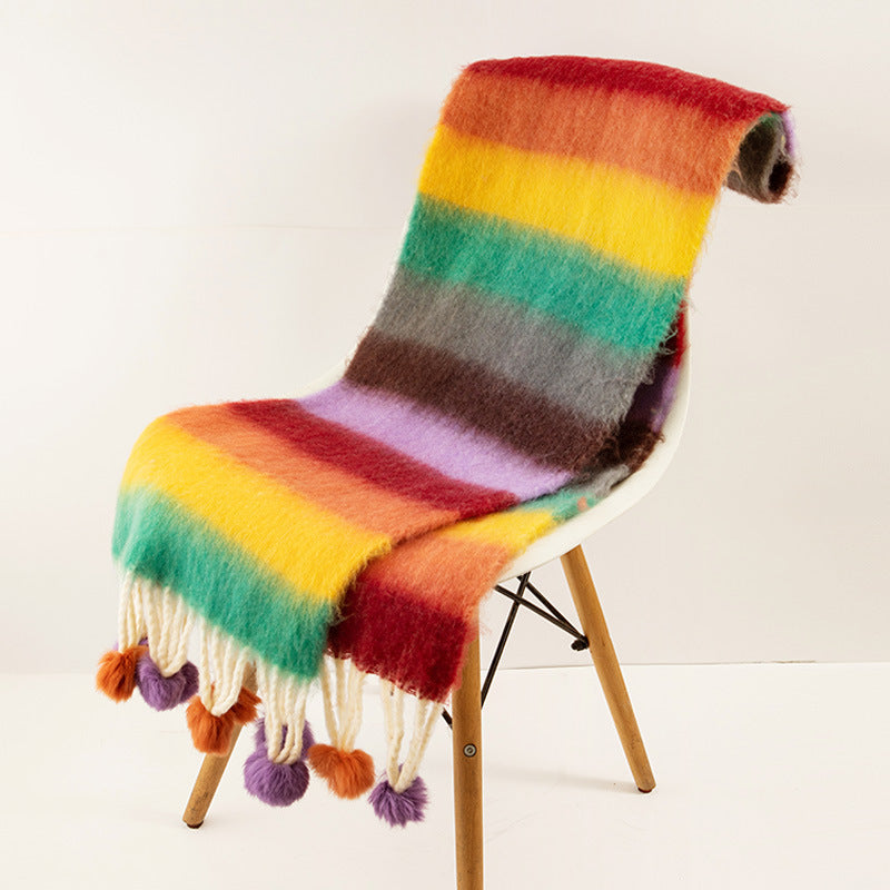 Wholesale Autumn and Winter Imitation Cashmere Colorful Knitted Fur Ball Tassel Warm Scarf