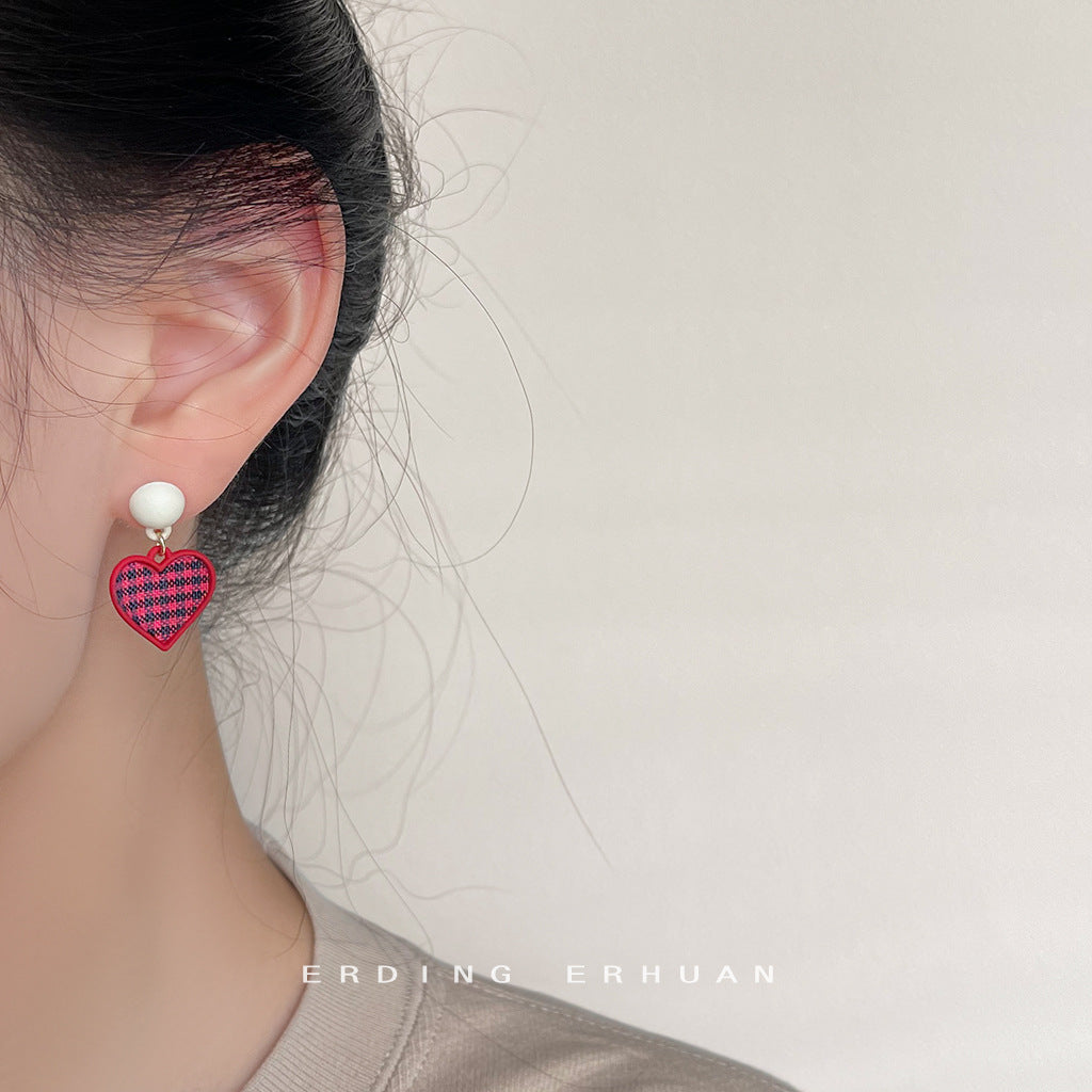 Wholesale Qianniao Grid Heart-shaped Fabric Earrings