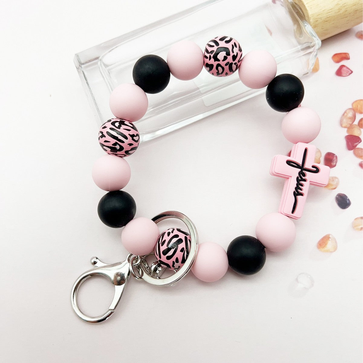 Wholesale Cross Silicone Leopard Beaded Wrist Keychain Bag Austrian Pendant