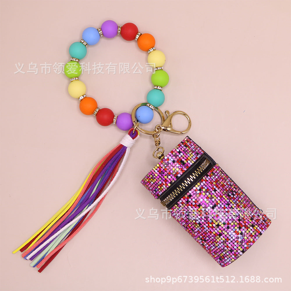 Wholesale New Lipstick Bag Silicone Wrist Bracelet Diamond Ring Beaded Pendant Keychain