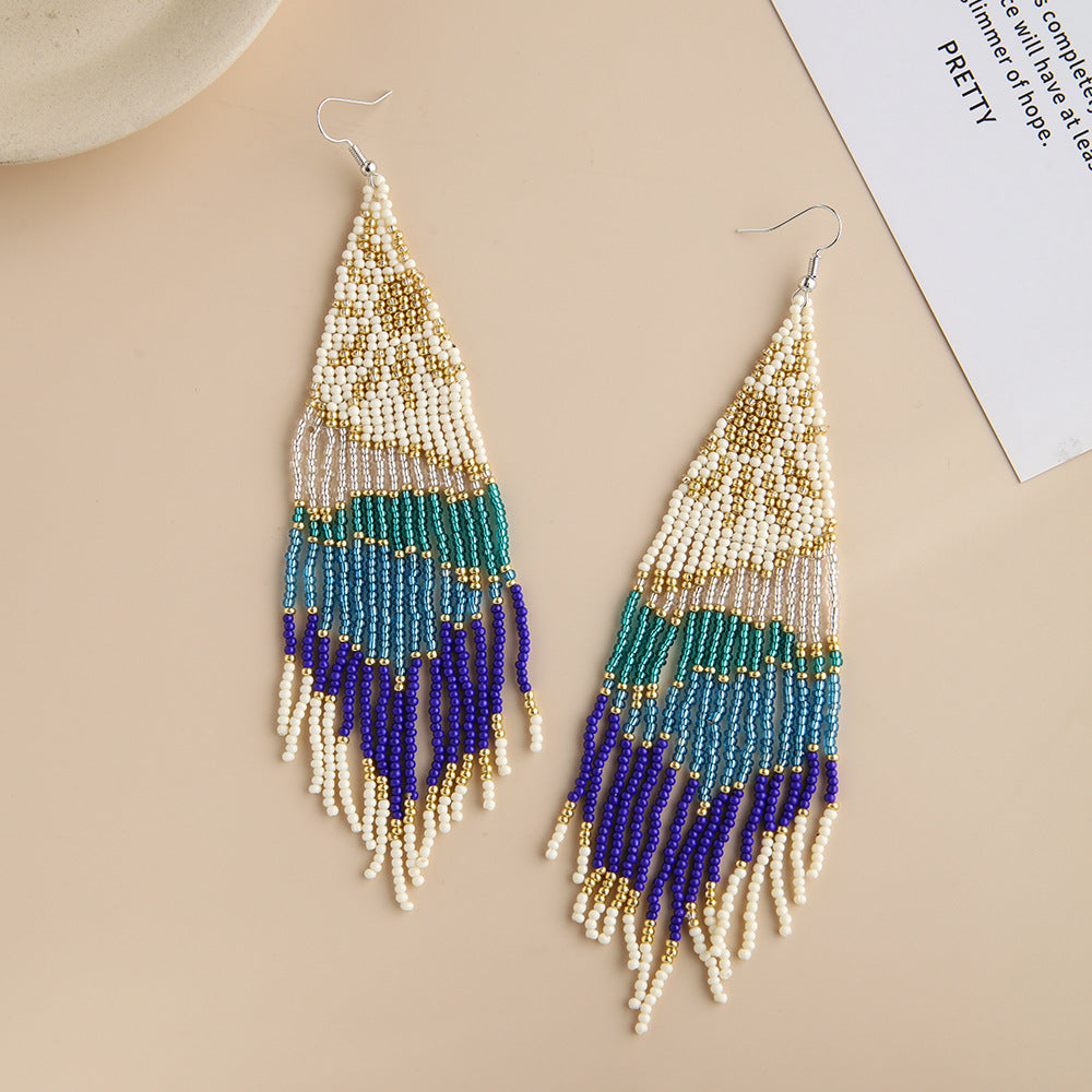 Wholesale Bohemian Handwoven Star Moon Series Rice Beads Tassel Earrings