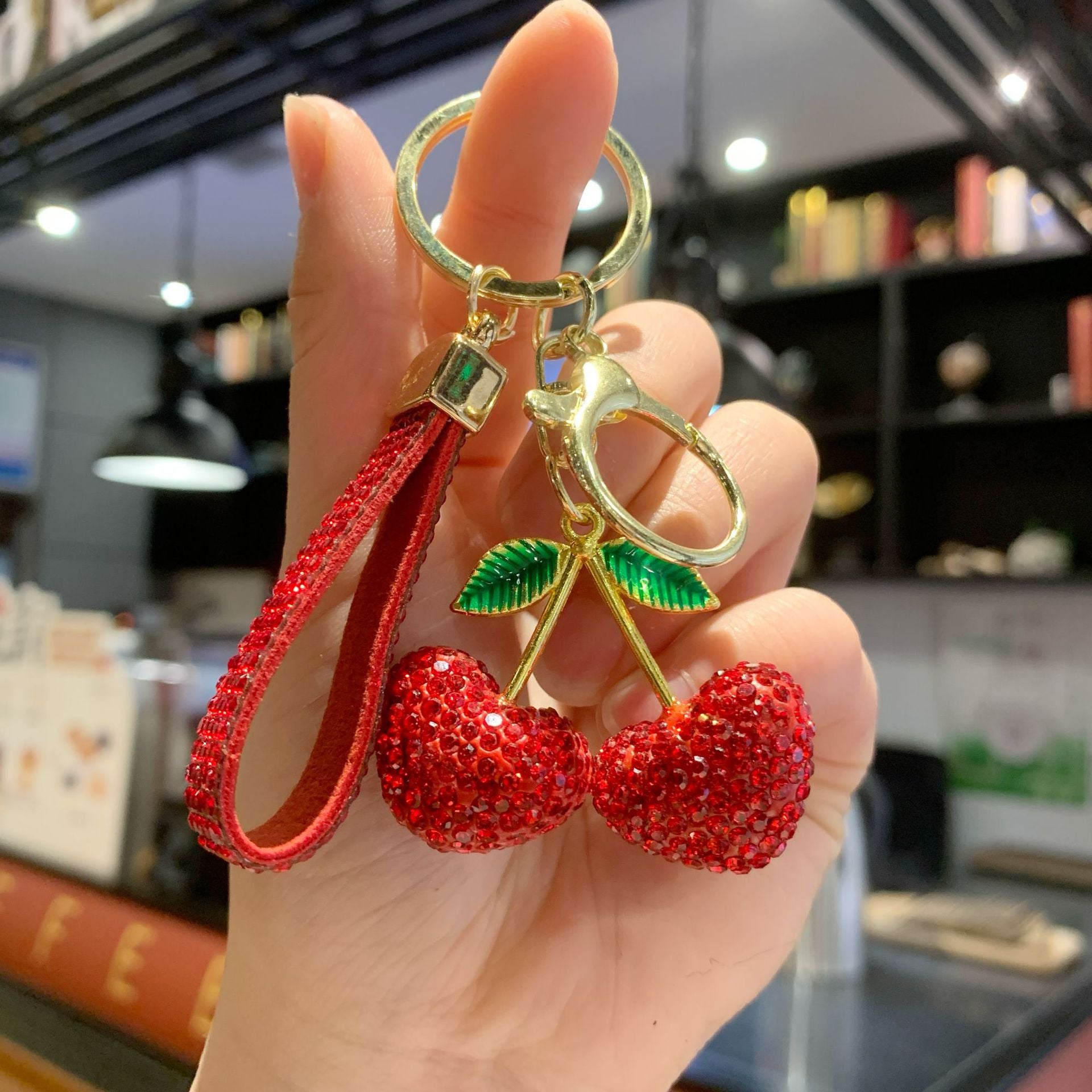Wholesale Clay Full Rhinestone Heart Cherry Lanyard Keychain