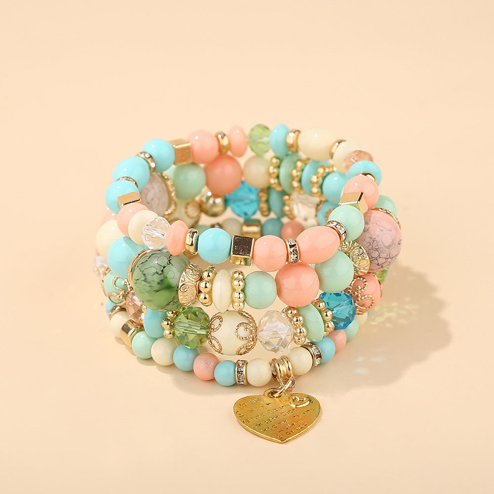 Wholesale Bohemian style crystal peach heart multi-layered bracelet