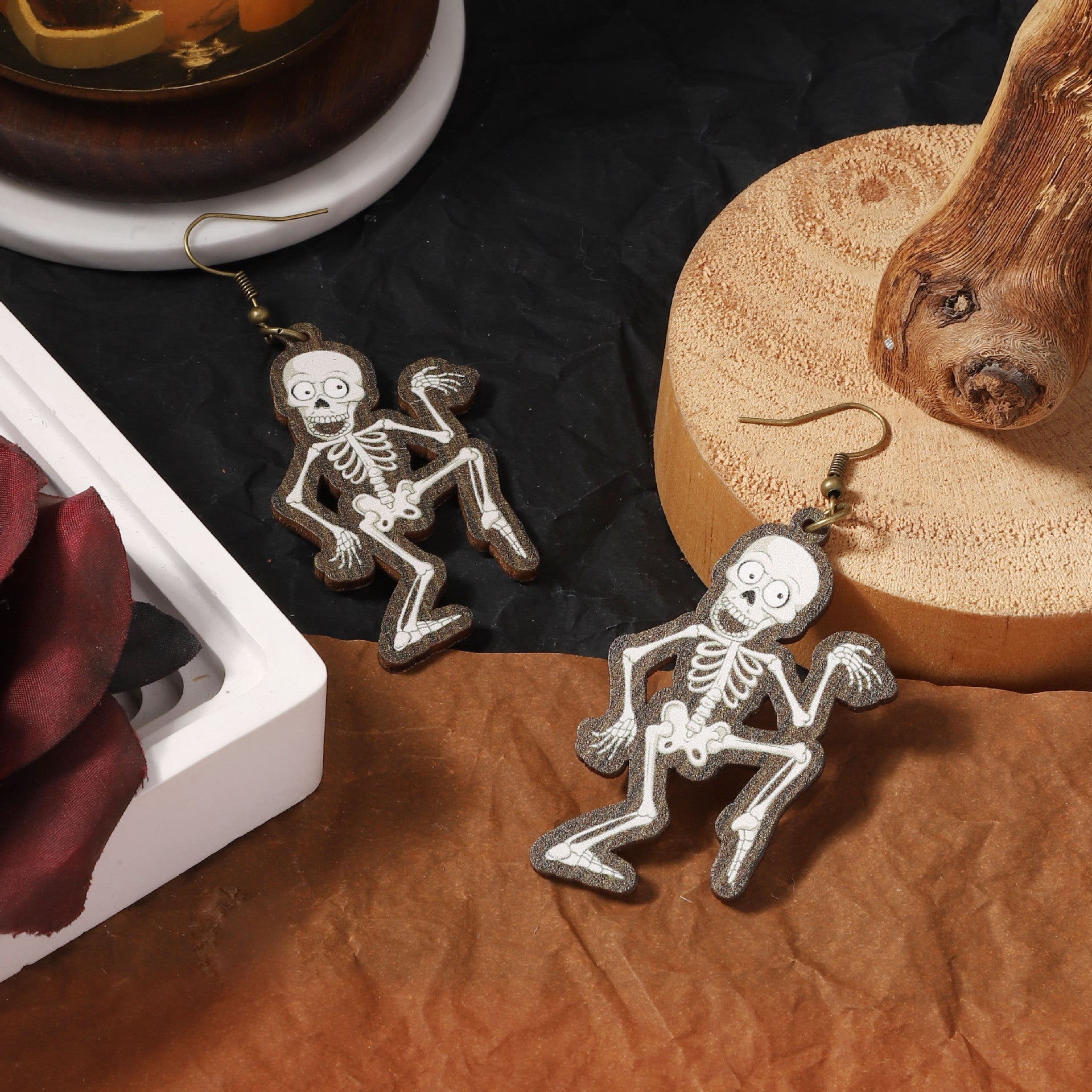 Wholesale Vintage Halloween Wooden Printed Skull Earrings