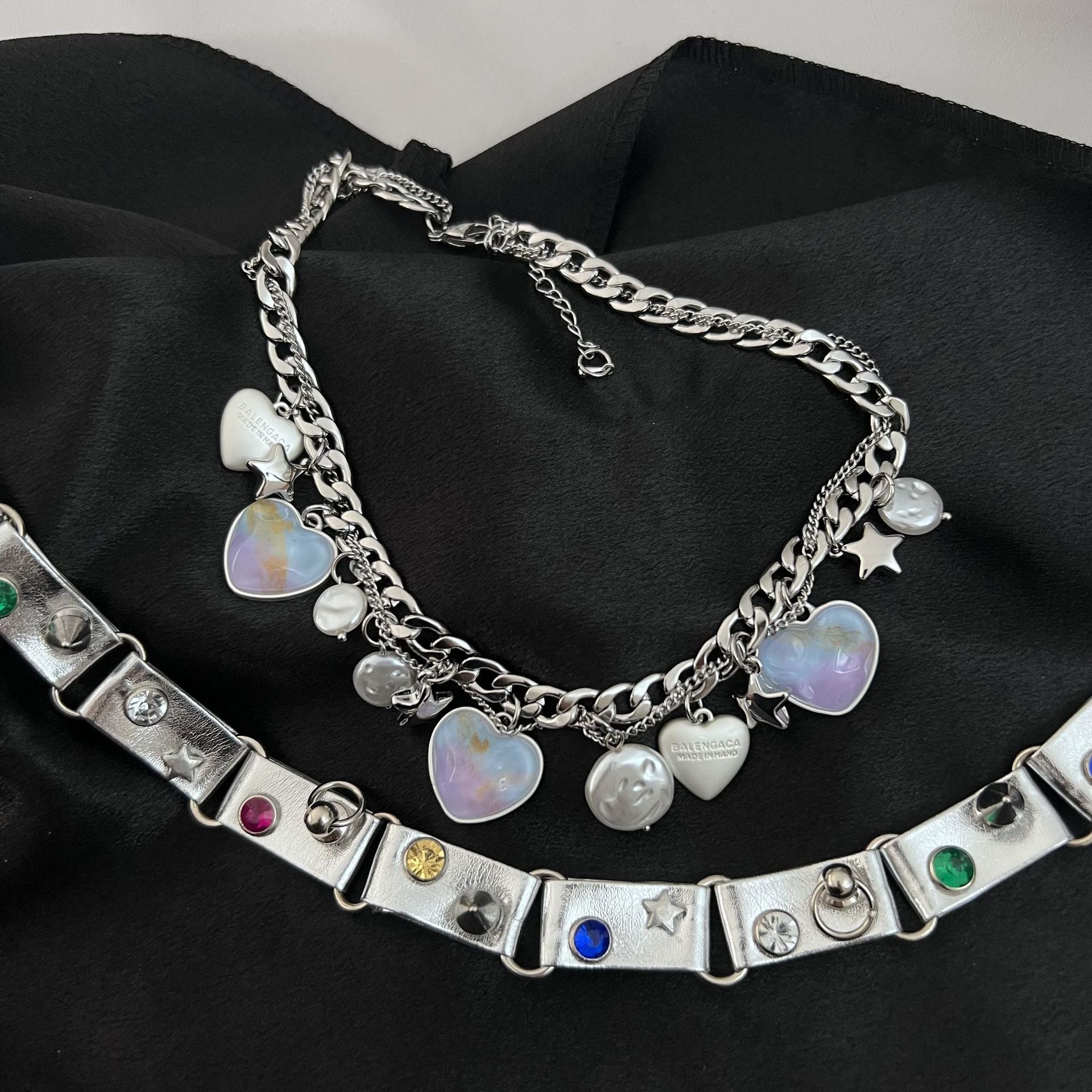 Wholesale Stitching Color Gemstone Rivets Leather Adjustable Alloy Necklaces