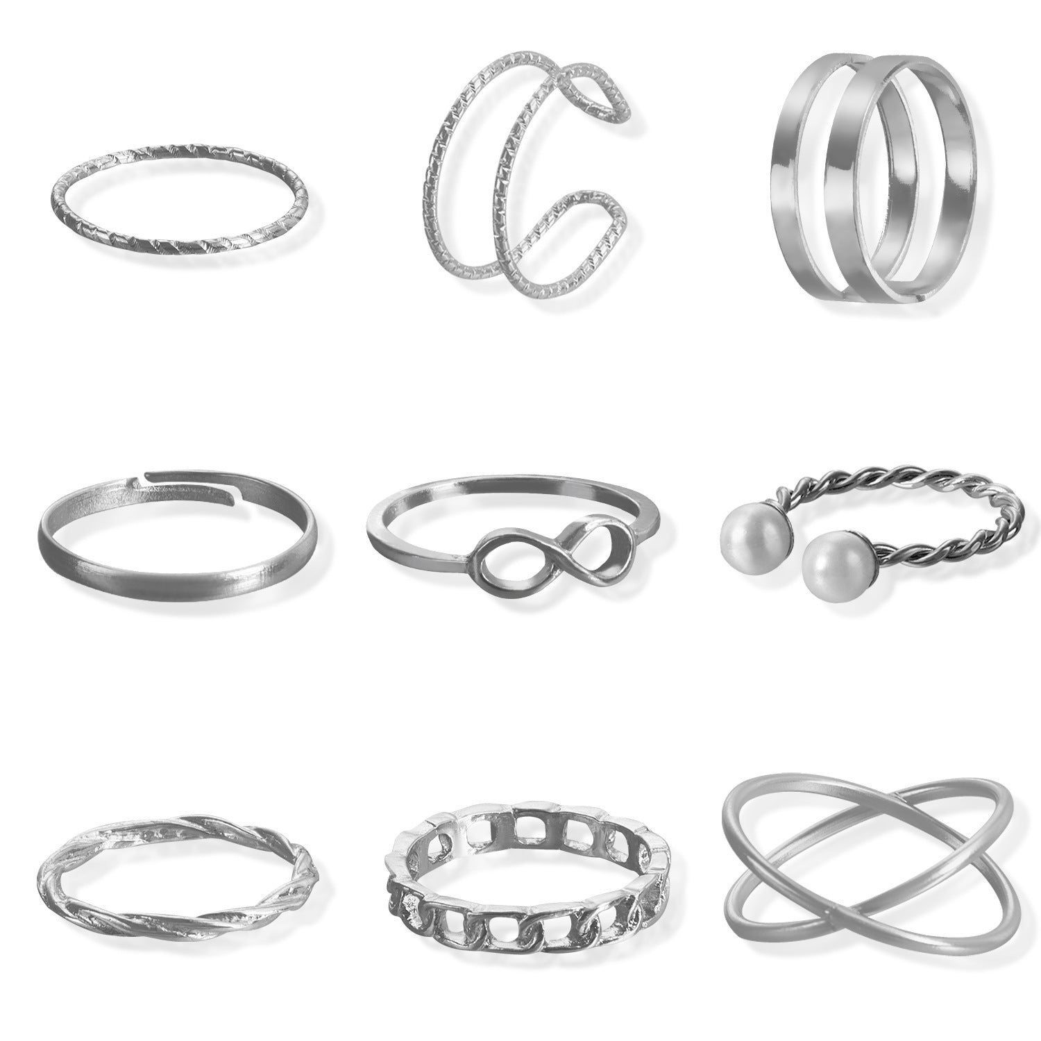 Wholesale Hollowed Out Geometric Wave Shaped Pearl Opening 9-piece Set of Rings