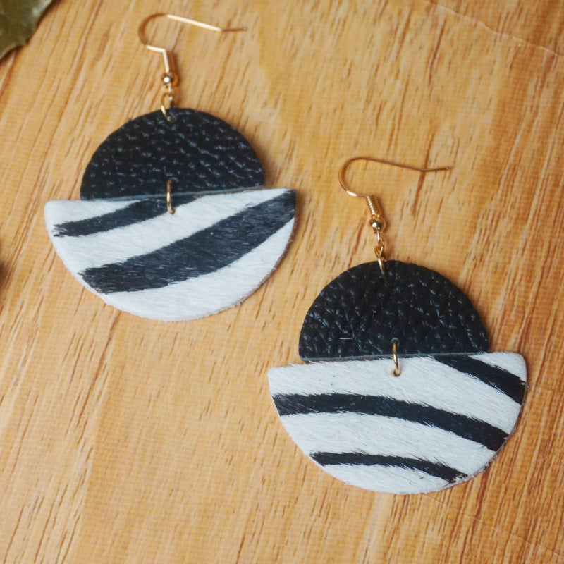 Wholesale 2pcs Cow Grain Leather Top Layer Cowhide Round Water Droplet Cow Head Retro Horsehair Quality Texture Fashionable Earrings
