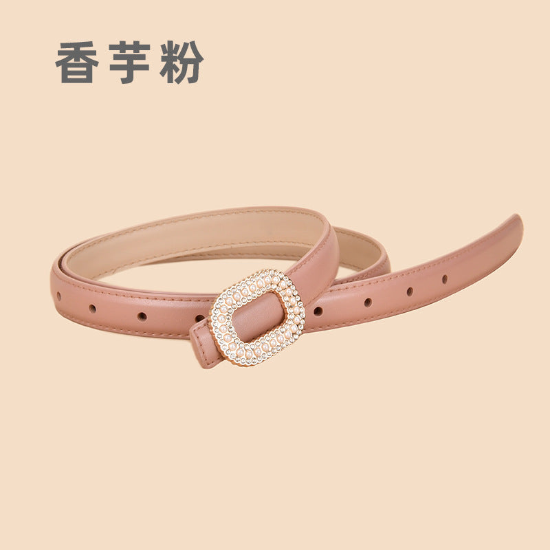 Wholesale Versatile Genuine Leather Belt with Round Buckle Inlaid with Pearls and Rhinestones