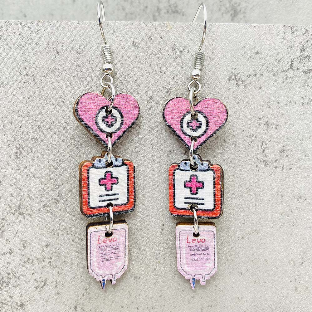 Wholesale Nurse Day Earrings Nurse Uniform Stethoscope Love Pill Wooden Earrings
