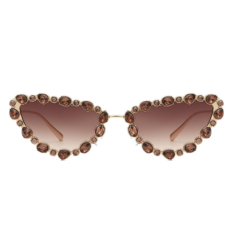 Wholesale Cat Eye Diamond Inlaid Metal Triangle Handmade Diamond PC Sunglasses