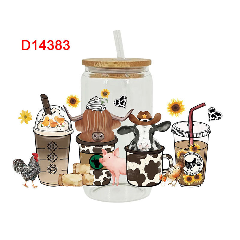 Wholesale Black and white cartoon calf  16oz Cup UV DTF Wraps