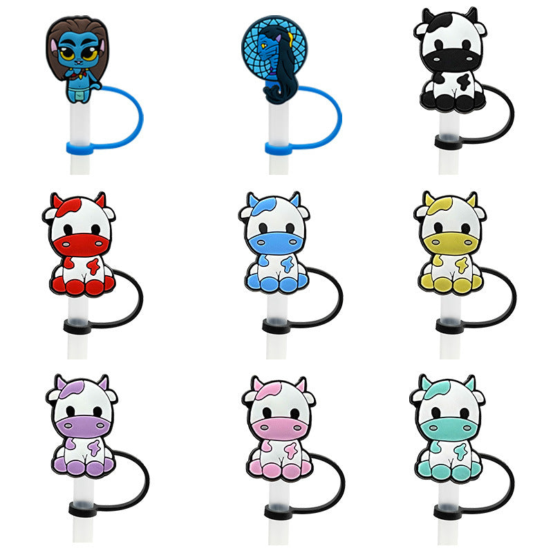 Wholesale 10PCS Cartoon Cow Milk Box Silicone Dustproof Straw Stopper