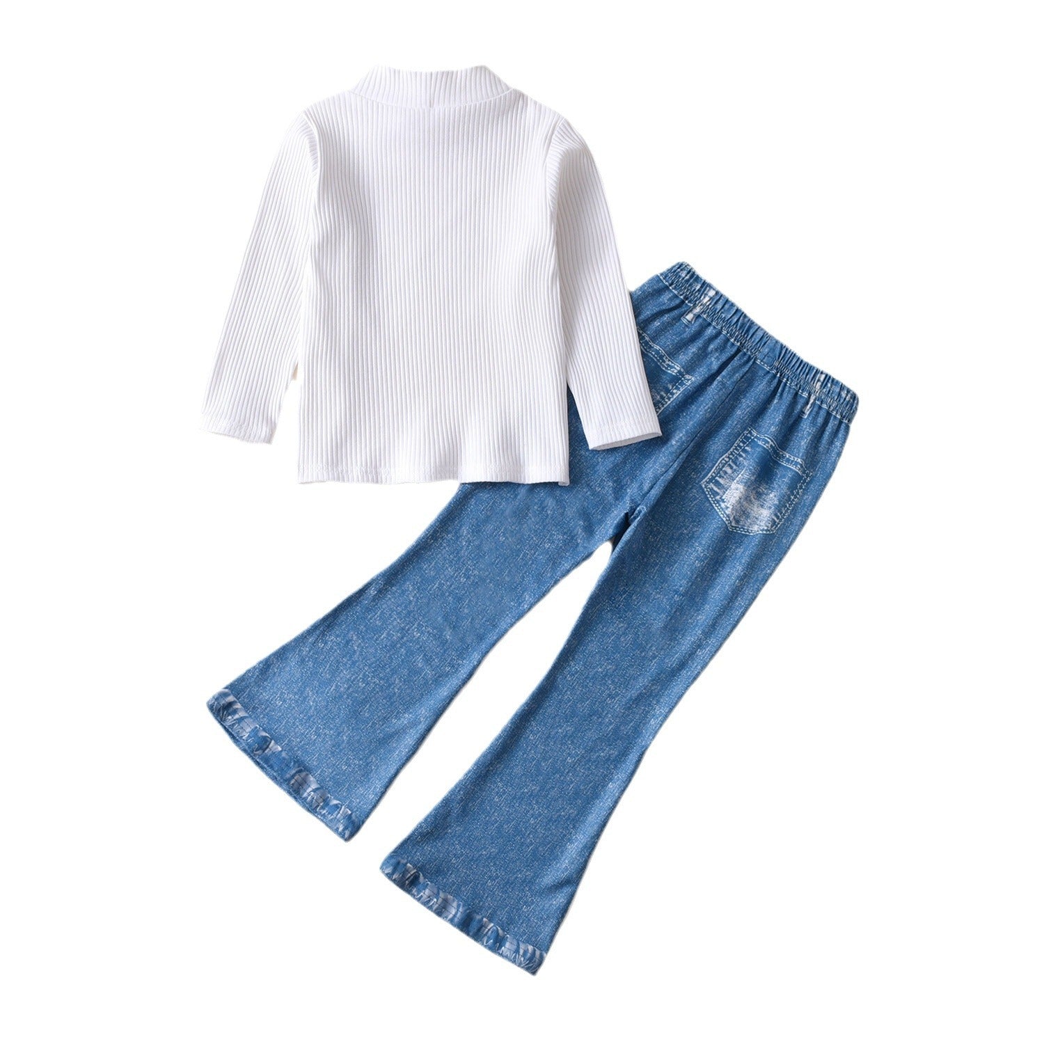 Wholesale Cotton High Neck Knitted Long Sleeve Top Faux Denim Flare Pants Suit