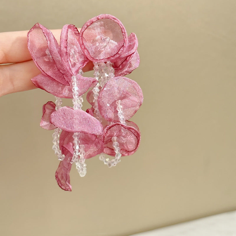 Wholesale Fabric flower super fairy handmade beaded fairy small fresh flower silver needle earrings