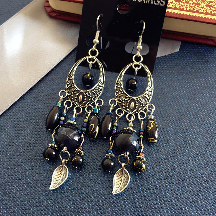 Wholesale Bohemian Retro Ethnic Style Ancient Silver Goddess Jewelry Face Skinny Tassel Long Earrings
