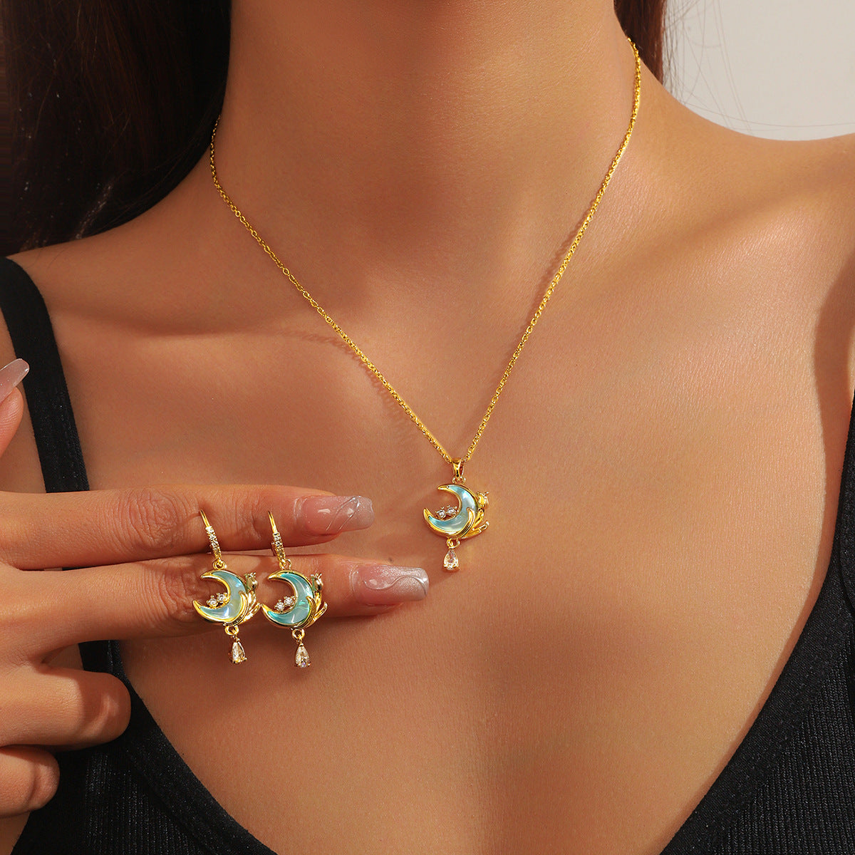 Wholesale Moon Zircon Star Moon Earring Set Titanium Steel Necklace