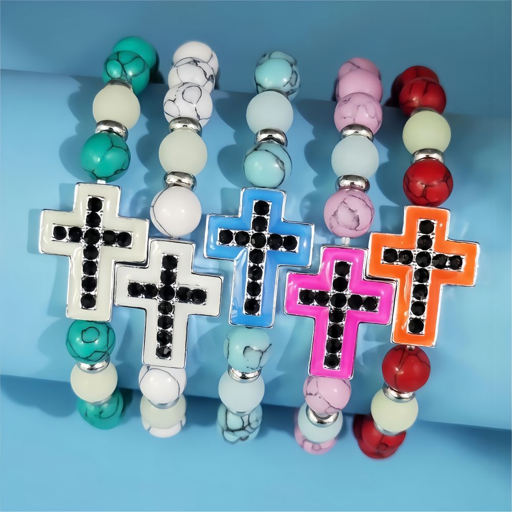Wholesale Turquoise luminous cross diamond studded prayer bead bracelet